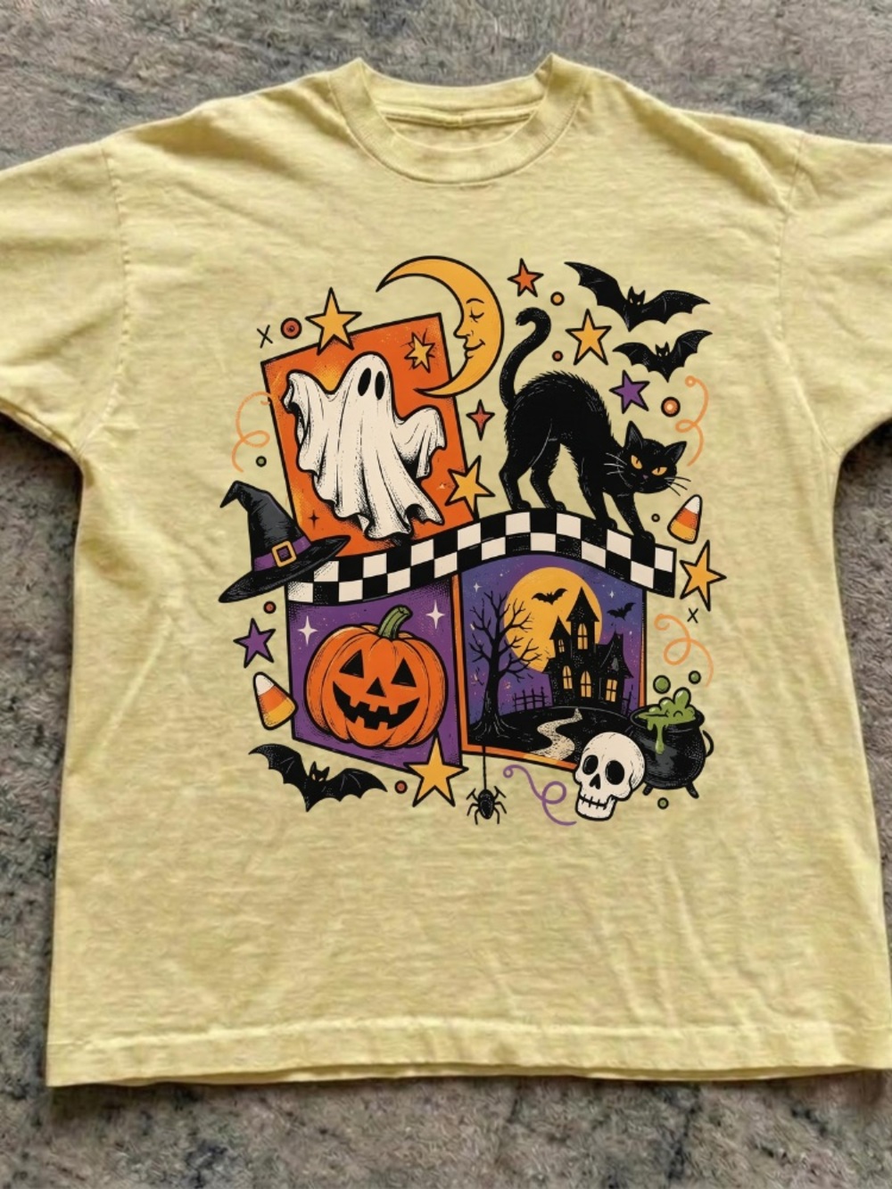 Halloween Ghost Black Cat Pumpkin Haunted House Witch Vintage Yellow T-Shirt